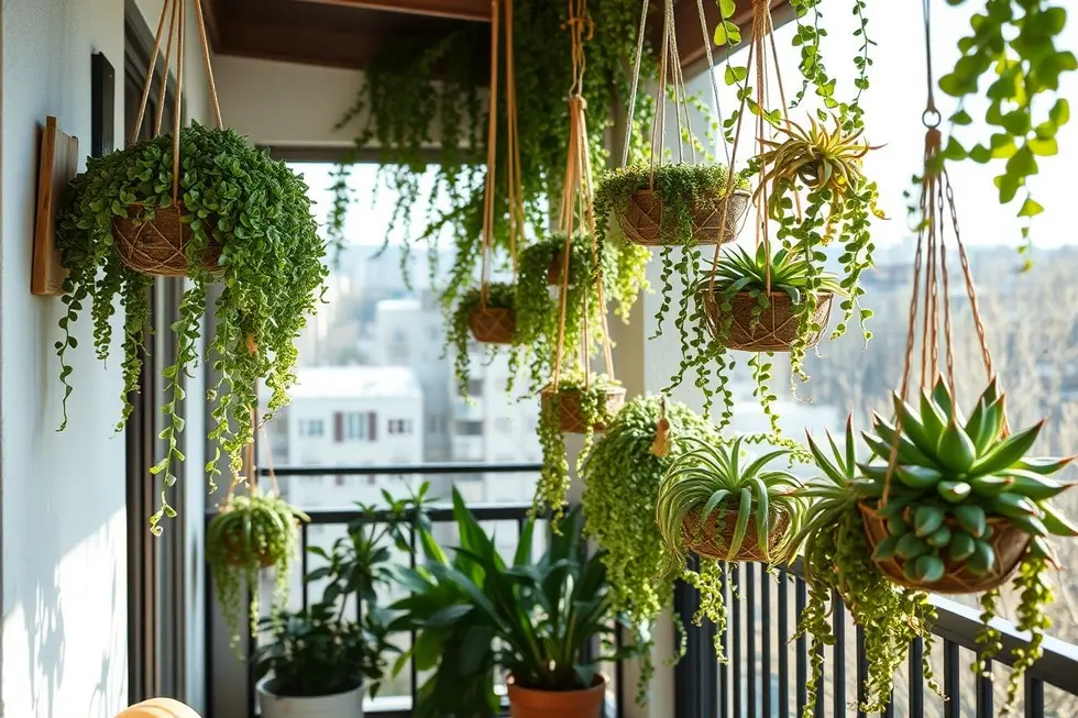 Varanda encantadora com diversas suculentas suspensas, criando um espaço acolhedor e verde.