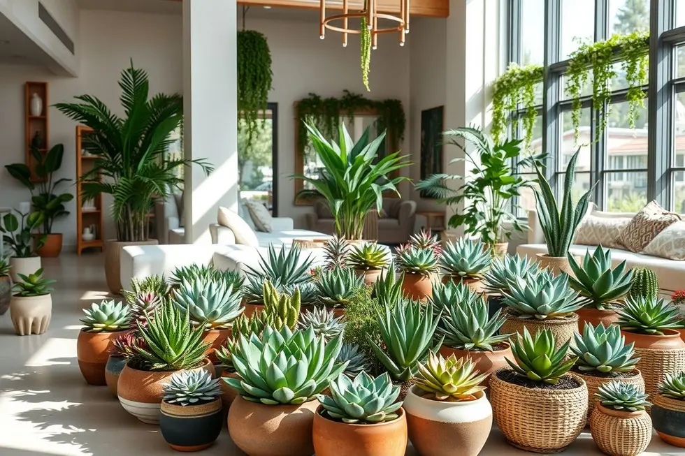 Interior aconchegante decorado com várias suculentas em vasos elegantes, refletindo as tendências de 2025.