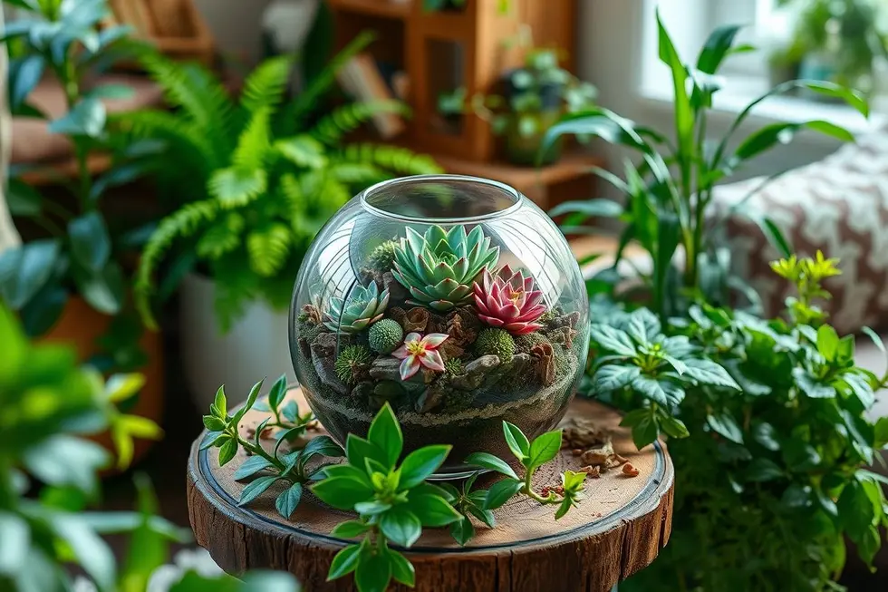 Terrário de suculentas e plantas de interior que trazem vida ao ambiente.