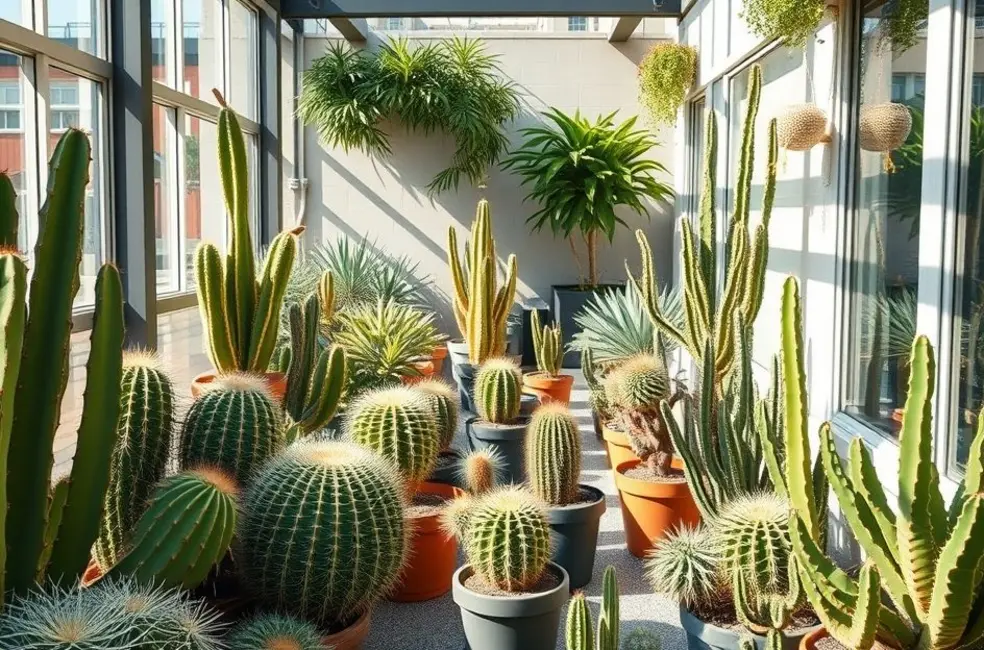 Jardim urbano com cactos decorando, atraindo amantes de plantas de baixa manutenção.
