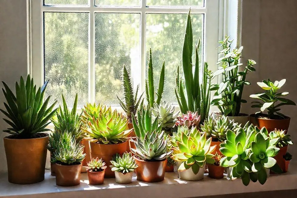 Arranjo vibrante de suculentas em uma janela, ideal para iniciantes em jardinagem.