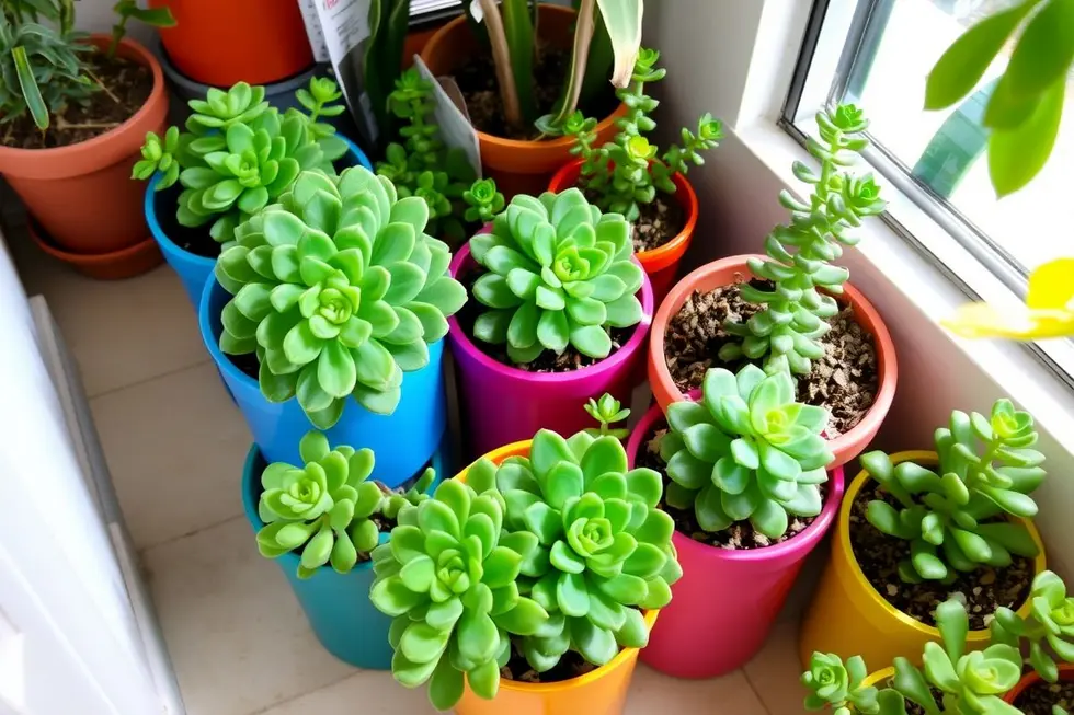 Canto de jardim interno com várias Crassula Ovata em vasos coloridos, exibindo a beleza e diversidade das suculentas.