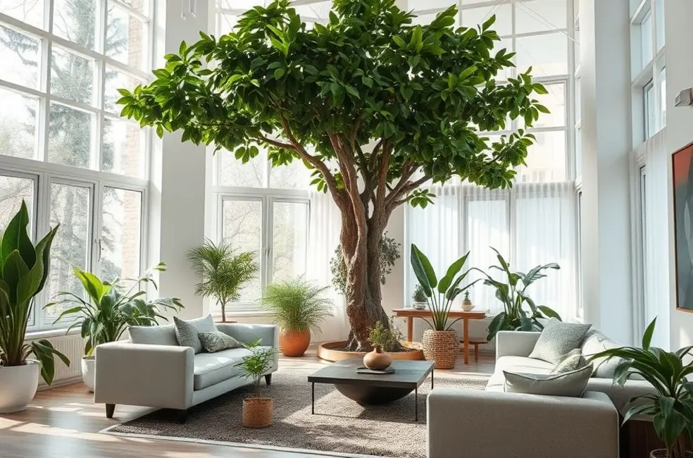 Espaço interno luminoso com Ficus Lyrata, destacando o estilo e a elegância da decoração