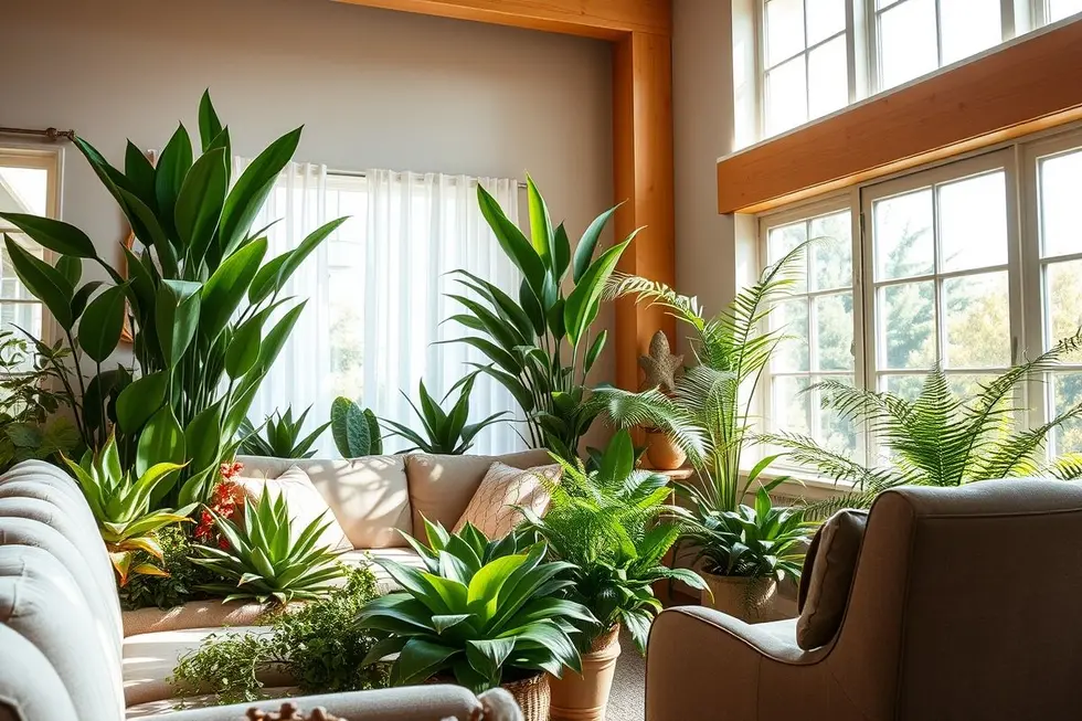 Jardim interno com várias suculentas sob luz natural suave.