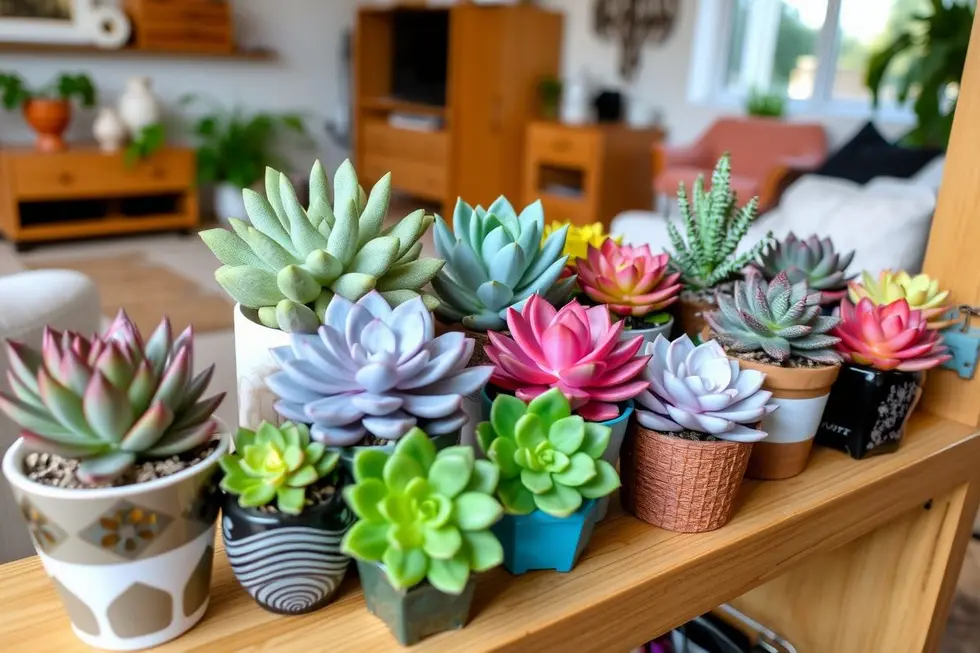 Ambiente interno acolhedor repleto de suculentas, ideal para quem ama natureza e decoração.