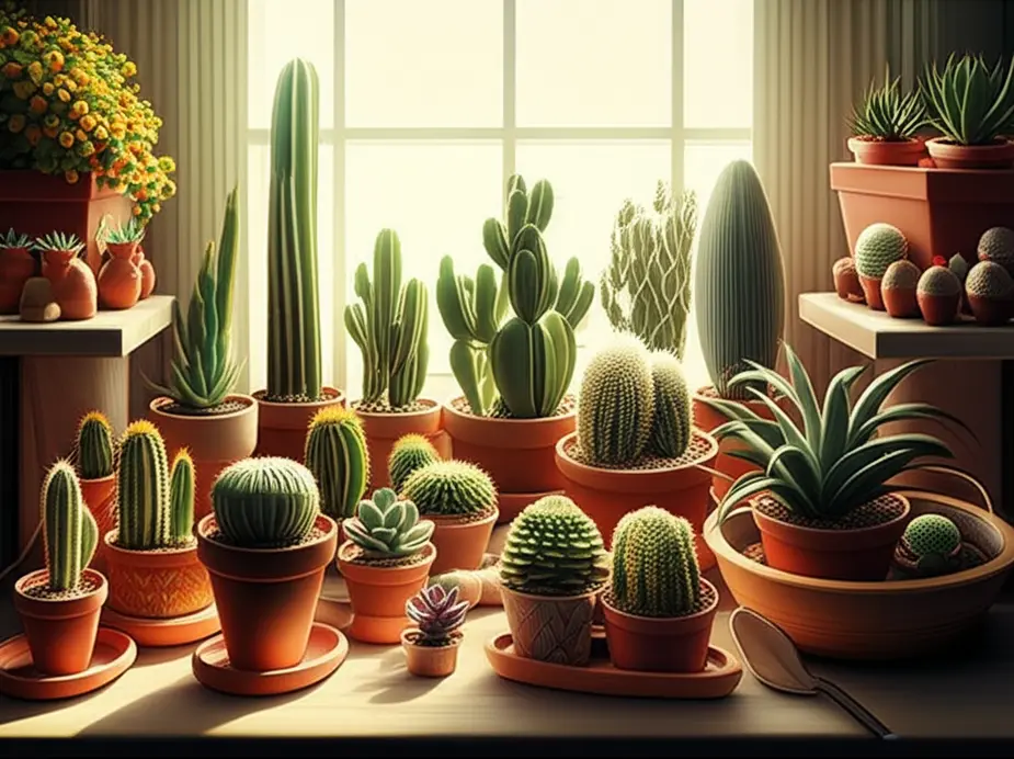Espaço decorado com mudas de cactos e suculentas, proporcionando um ambiente verde e sereno.