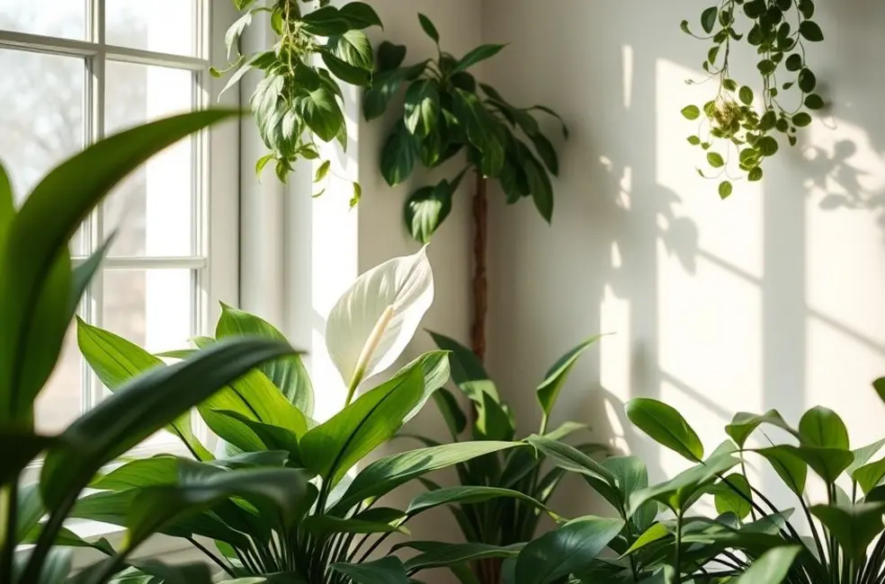 Um espaço interno encantador com plantas ornamentais, incluindo um Lírio-da-Paz, criando uma atmosfera vibrante.