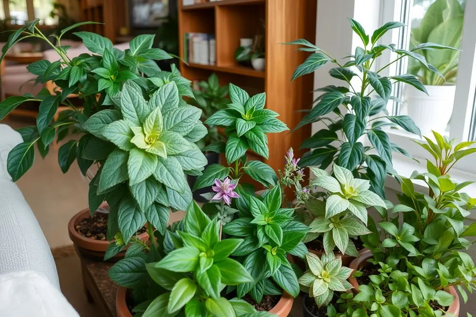 Jardim de inverno com diversas suculentas em um ambiente interno.