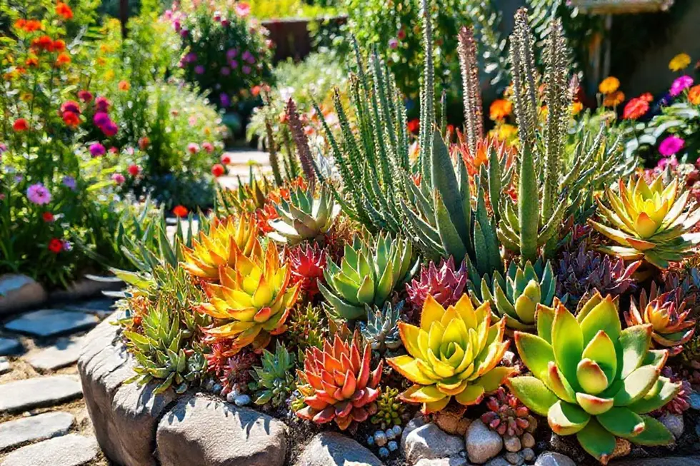 Arranjo de suculentas raras em um jardim iluminado pelo sol.