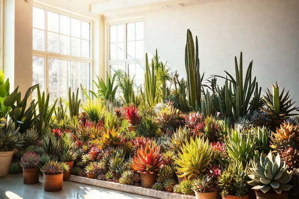 Diversas suculentas em ambiente claro, mostrando a beleza das plantas.