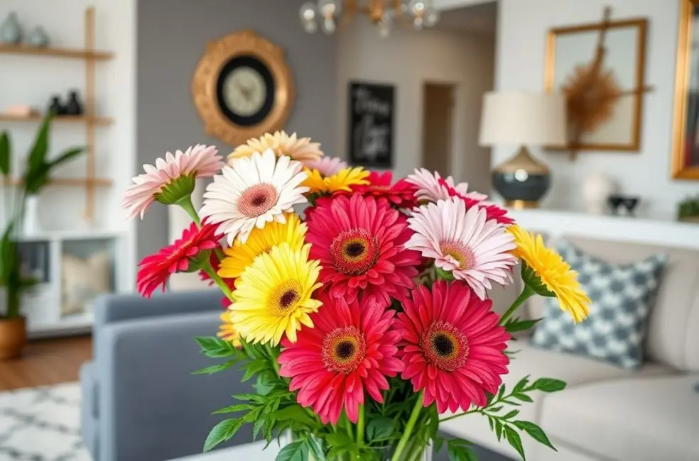 Uma decoração de interiores com gérberas coloridas, exemplificando como usar essas flores em casa.
